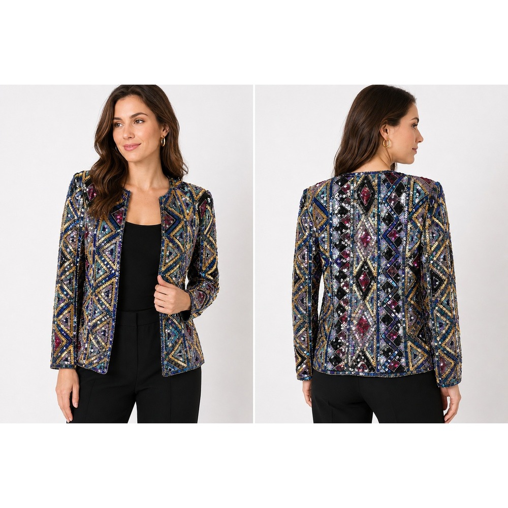 Joan Leslie Evenings Vintage Silk Sequin Beaded Jacket Geometric Blue Gold Small